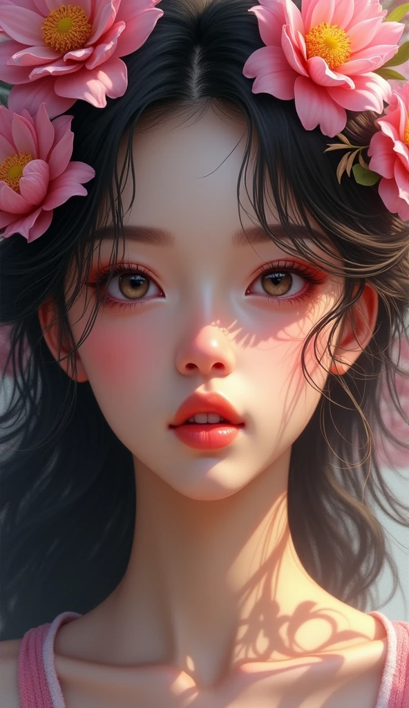 Painting of a woman with flowers in her hair, Beautiful UHD 4K art, 4k realistic digital art, 4k realistic digital art, detailed painting 4k, beautiful digital artwork, Stunning digital painting, Realistic digital painting, elegant digital painting, expressive beautiful portrait, ultra Realistic digital painting, Digital painting style, stunning portrait, beautiful portrait, impossibly beautiful portraitOjos rojos, UHD,
