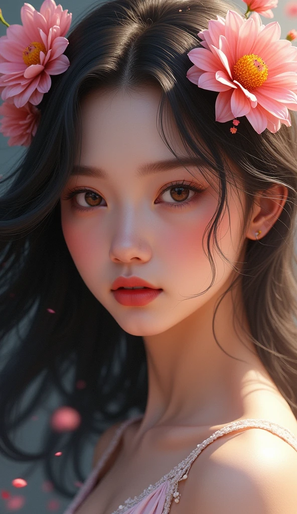 Painting of a woman with flowers in her hair, Beautiful UHD 4K art, 4k realistic digital art, 4k realistic digital art, detailed painting 4k, beautiful digital artwork, Stunning digital painting, Realistic digital painting, elegant digital painting, expressive beautiful portrait, ultra Realistic digital painting, Digital painting style, stunning portrait, beautiful portrait, impossibly beautiful portraitOjos rojos, UHD, 