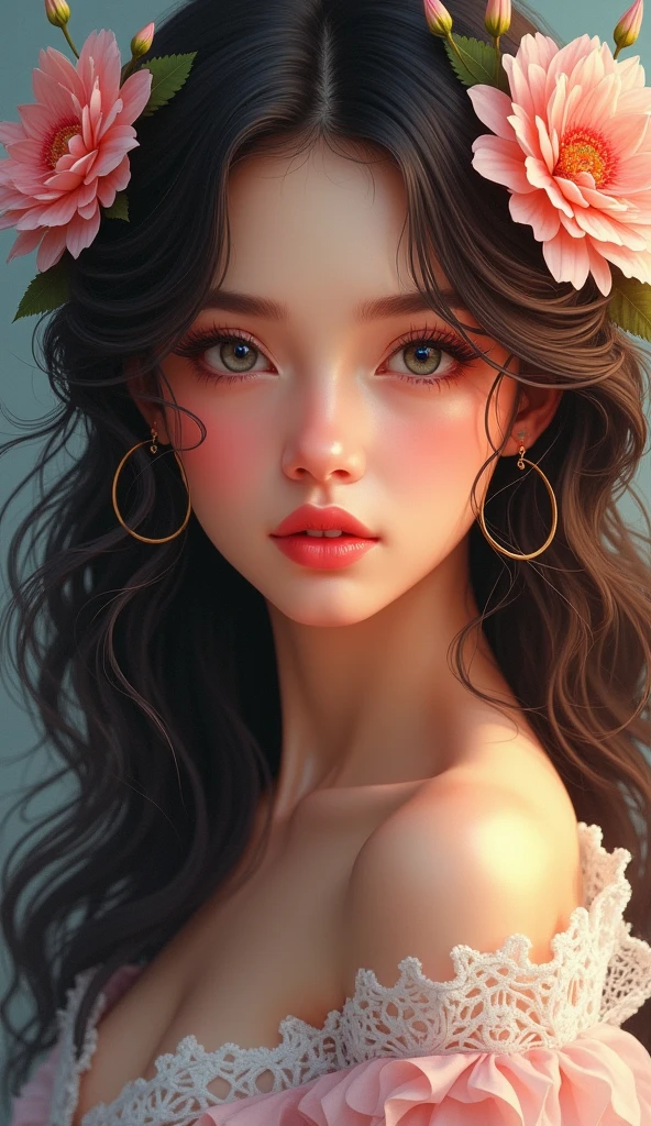 Painting of a woman with flowers in her hair, Beautiful UHD 4K art, 4k realistic digital art, 4k realistic digital art, detailed painting 4k, beautiful digital artwork, Stunning digital painting, Realistic digital painting, elegant digital painting, expressive beautiful portrait, ultra Realistic digital painting, Digital painting style, stunning portrait, beautiful portrait, impossibly beautiful portraitOjos rojos, UHD,