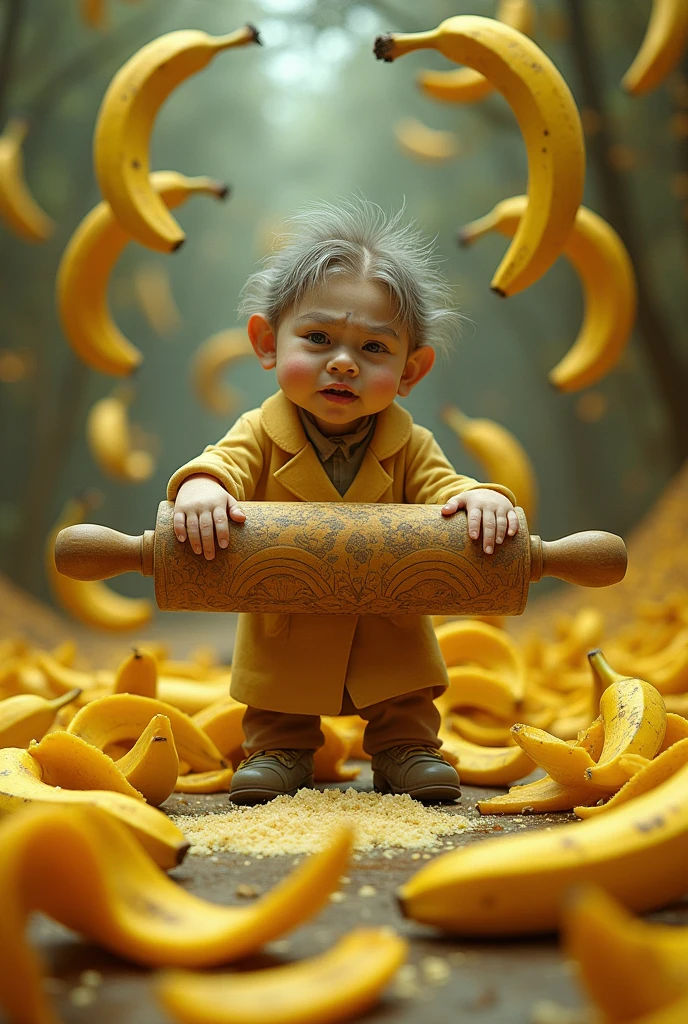 using a rolling pin on banana peels