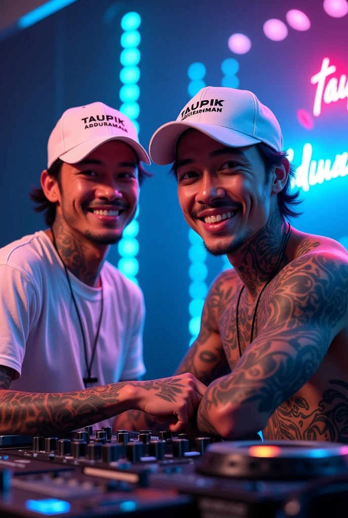 2 handsome Thai man wearing a white baseball cap with the words"Taupik Abdurahman" , with a friendly smiling face facing the camera wearing a white shirt, his whole body is tattooed, working in audio sound system with background sound system full audio spotlight colorful lights there is writing that lights up blue"Taupik Abdurahman"