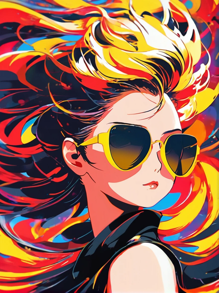 Anime girl with sunglasses in her hair, Gwaise style artwork, Digital illustration style, Anime-style illustrations, Anime Style 4k, Yellow-eyed, With glowing eyes, Anime Style. 8k, Written by Ku Lei Lei, author:hero, persona 5 art style wlop