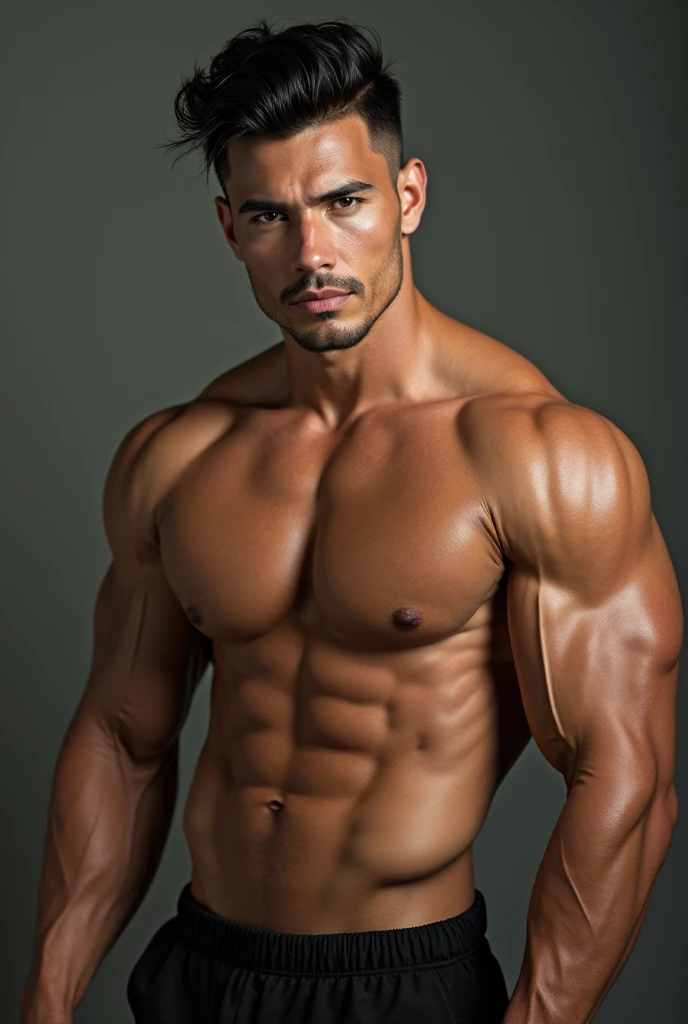 hyperrealistic image of extremely handsome 30 year old chinito filipino man, muscular bodybuilder, stylish hairstyle, have glistening body
