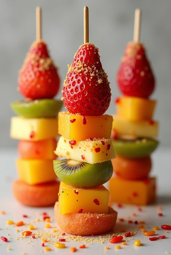 fruits like apple, strawberry, kiwi, mango, melon. Skewered on a stick and coated in a hard, caramelized sugar glaze. resulting in a crisp, crunchy shell. Spread with chili flakes