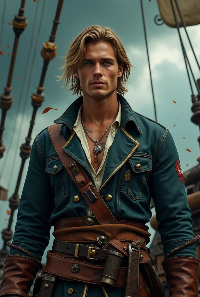 ((best quality:1.3)), ((masterpiece:1.3)), ((detailed background:1.3)), ((detailed face:1.3)), (Highly detailed face:1.2), (1 person, Handsome muscular young dutch man:1.2), (A happy smile: 1.3), (Natural look:1.3), (A lively smile:1.3),Turquoise Eyes, Golden Hair, Straight hair, (Overall view of a pirate ship:1.3), skin, Character Focus, Portraiture, View your viewers, alone, Upper Body, Detailed Background, sinister smile, Those who cannot, Rich pirate captain costume, Tattoo, Dark Fantasy Theme, (((Detailed Pirate Ship:1.3))), wooden deck of a ship, cannon, gunpowder, Flintlock pistol type, flying debris, pirate battle, Maelstrom, Dark Storm, it's raining, Tropical Beach, pirate hideout, dock, camp, Palm tree, sand, peaceful, sun, Loot, azimuth magnetic needle, treasure,Photon Mapping,High Contrast,Glitter
