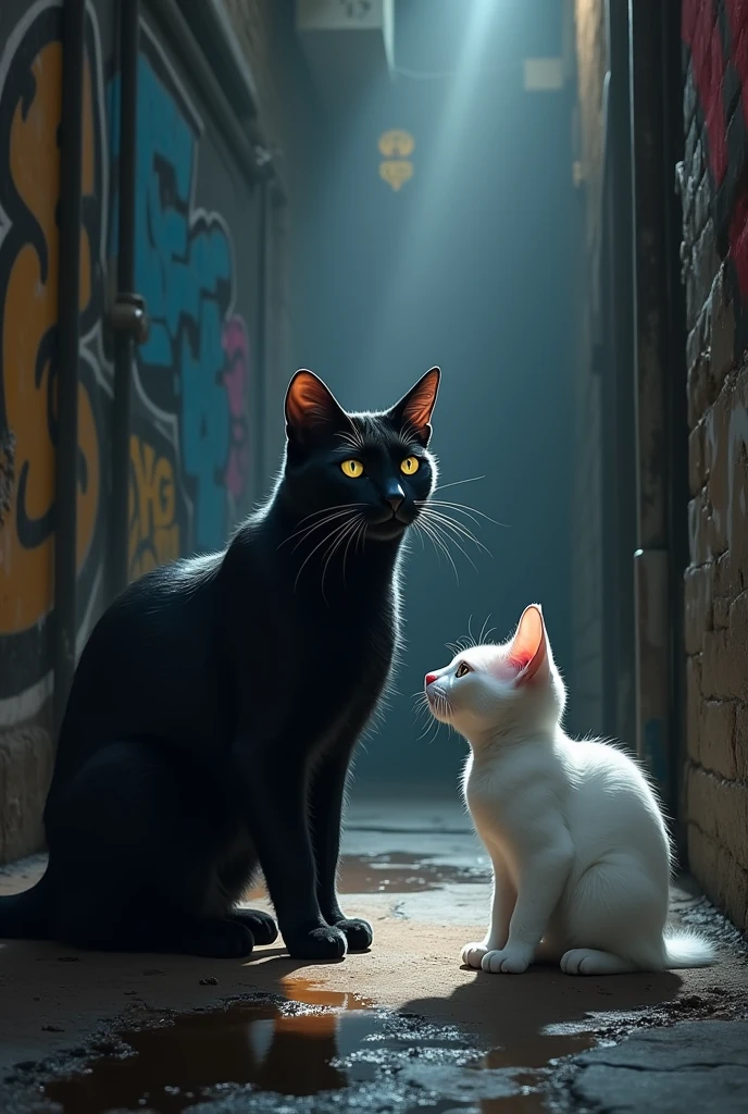 A photorealistic digital painting of a black cat under a spotlight in a dimly lit alley, with a white cat nearby. Dramatic lighting reflects off puddles, highlighting expressive eyes against graffiti-covered walls, captured in ultra-detailed HD resolution.
