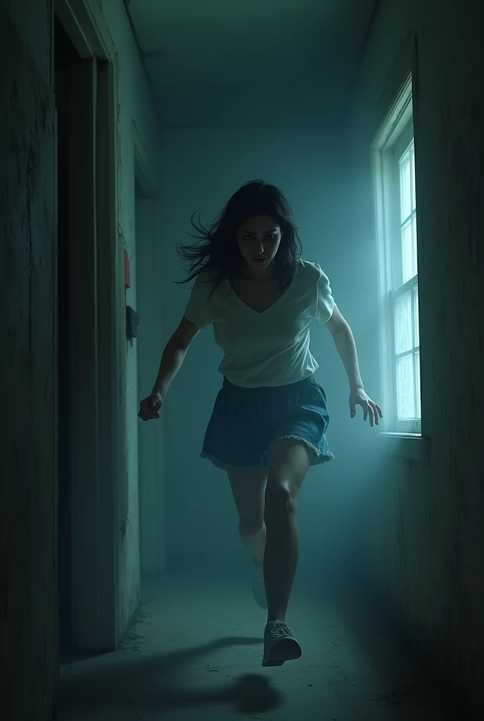 Show Snehha panicking and running towards a small window, using her phone’s flashlight to light her way and revealing the ghostly presence.