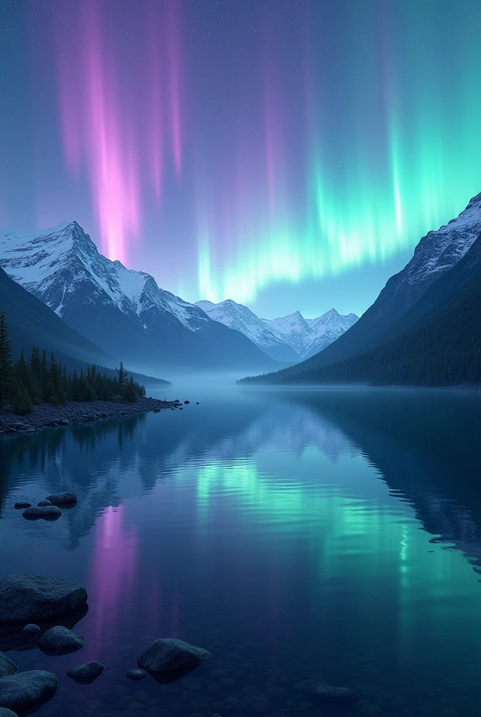 On the calm, mirror-like surface of the lake、A vivid aurora is reflected。Greenery spreads across the sky、purple、A curtain of blue light reflects off the lake surface.、A fantastic sight with a double aurora.。The lake is surrounded by snow-capped mountains々There is、You can feel the grandeur of nature in the silence.。