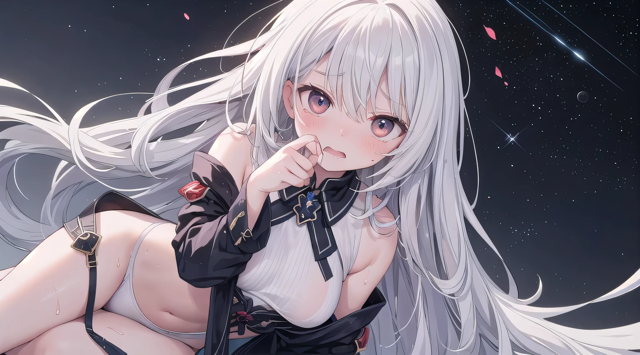 ((((Highest quality)))), (((masterpiece))), ((detailed)), (((solo))), ((((One shot of a tall adult woman)))), ((((A fantastical space characterized by pale colors))))), Sitting on the floor,(((((Red cheeks and nose, embarrassed expression))))), Wear an off-the-shoulder shirt, Beautiful Eyes, Beautiful whites of eyes, ((Wet Skin)), (Wet mouth), Wet clothes, ((((Open your mouth vertically)))), Look down, Close angle, Thin legs, Glossy white skin,Small breasts, Short Hair, (Laughing with mouth open 0,2), (((Get closer to the camera))), dramatic, adult, Broken seiza, Flowers on head, Big Mouth, Uplifting, ((((Thin thighs))))