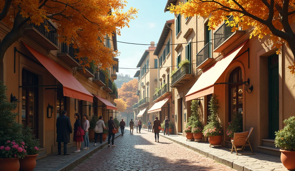 Realistic live action. But it has an emotional feel, and the bricks and uneven walls are beautiful. Italian cityscape in autumn. The image is a shopping street in Naples. A beautiful cityscape image with an autumnal feel.