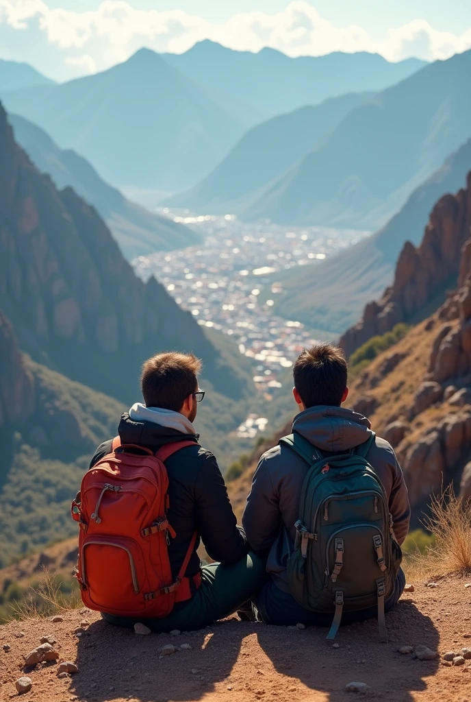 two male friends from behind sitting on a mountain in Bolivia La Paz
