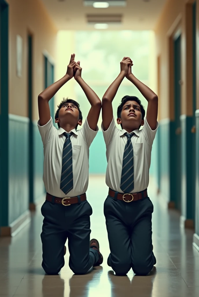 Two 1 indian boys wearing white shirt, school tie, slimfit trousers and fasionable circular shape buckle belt is kneeling in the corridor with their hands raised straight high up above their heads and boys arms are in pain