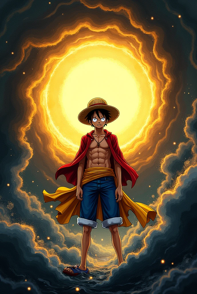 Monkey D. Luffy, un personnage d'anime puissant, avec une expression déterminée, se tient au milieu d'un tourbillon d'encre noire et de lumière dorée. Ses muscles sont tendus, ses yeux brûlent d'intensité et son chapeau de paille emblématique est perché sur sa tête. Il est entouré d'une aura puissante, témoignage de sa force et de sa détermination. Style anime, Inspiré par One Piece style d'Eiichiro Oda, Éclairage dramatique, couleurs vives, composition dynamique, arrière-plan texturé, contraste élevé, concentration sur le personnage, détails nets.