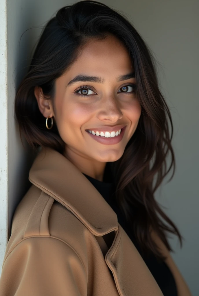 There is a young, Beautiful indian woman, who looks to the future like Katrina Kaif, Smiles into the camera, beautiful teeth, She looks into the camera, a portrait from raw photo, feet, hands, body, winter, modern coat,
