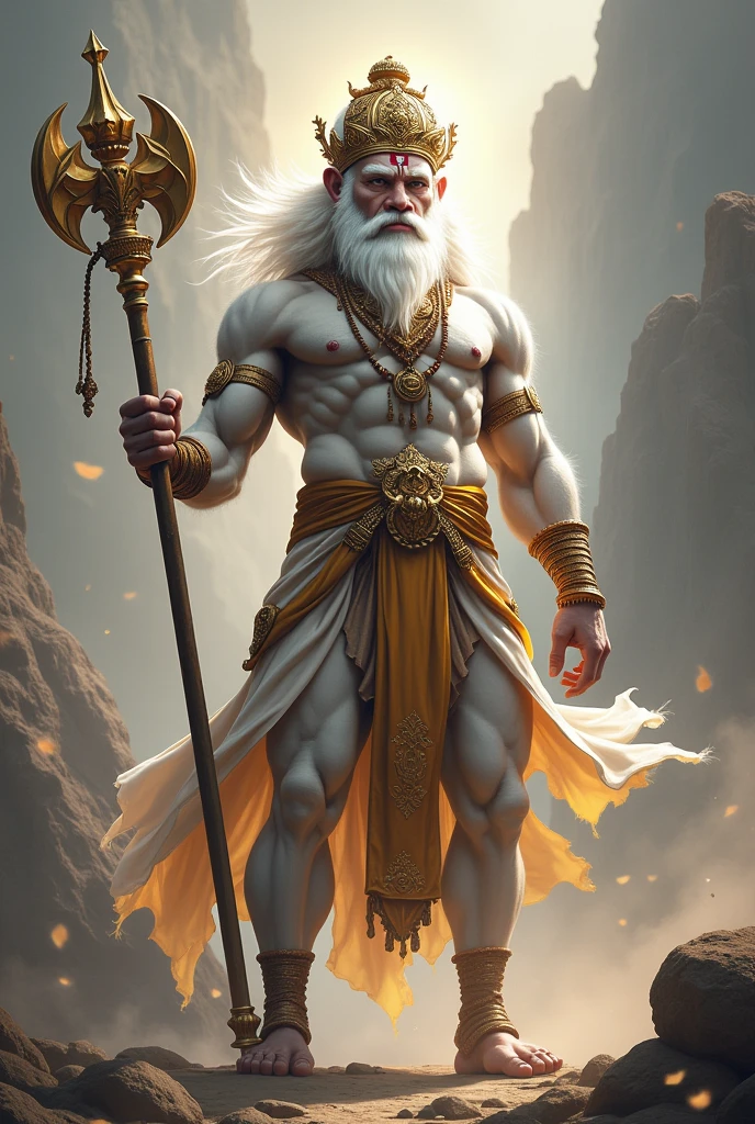 Lord Hanuman In His Majestic Form with his crown and his weapon, his skin white and holding a majestic mace, looking powerful 