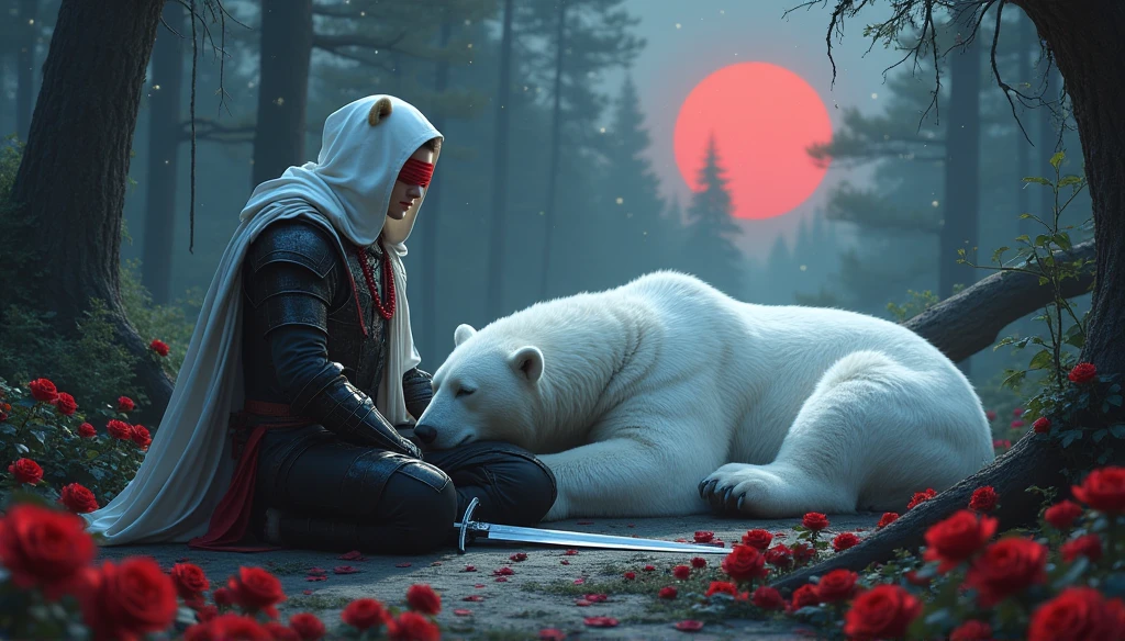 Male knight with a white hood with bear ears with sword behind his back sits on the ground towards a polar bear in a forest while the moon shines, many Roses cover the ground and lightning falls from the sky. The polar bear sleeps in front of the knight. Only the man wears a red blindfold. In the background of the picture is the blood moon and a tree has fallen down in the path. The forest is full of trees with leaves. The armor of the man is black and red roses decorate it. The knight holds his sword down. The sky is full of stars.