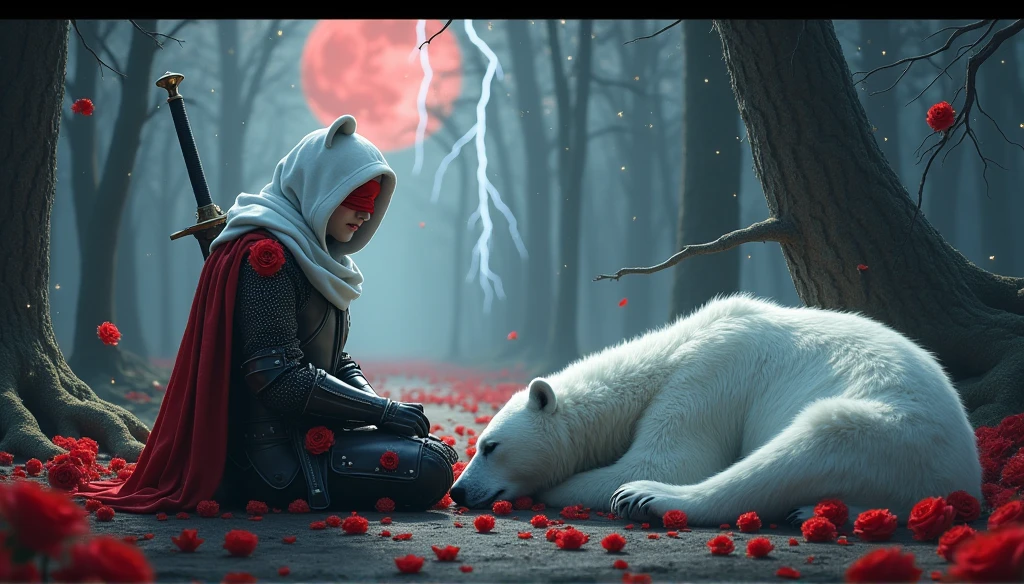 Male knight with a white hood with bear ears with sword behind his back sits on the ground towards a polar bear in a forest while the moon shines, many Roses cover the ground and lightning falls from the sky. The polar bear sleeps in front of the knight. Only the man wears a red blindfold. In the background of the picture is the blood moon and a tree has fallen down in the path. The forest is full of trees with leaves. The armor of the man is black and red roses decorate it. The knight holds his sword down. The sky is full of stars.