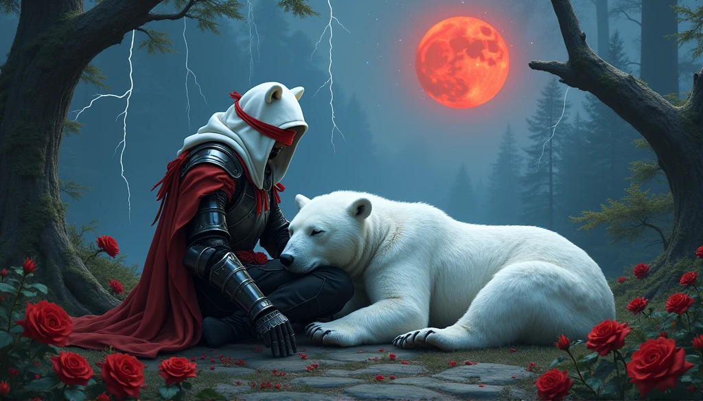 Male knight with a white hood with bear ears with sword behind his back sits on the ground towards a polar bear in a forest while the moon shines, many Roses cover the ground and lightning falls from the sky. The polar bear sleeps in front of the knight. Only the man wears a red blindfold. In the background of the picture is the blood moon and a tree has fallen down in the path. The forest is full of trees with leaves. The armor of the man is black and red roses decorate it. The knight holds his sword down. The sky is full of stars. 
