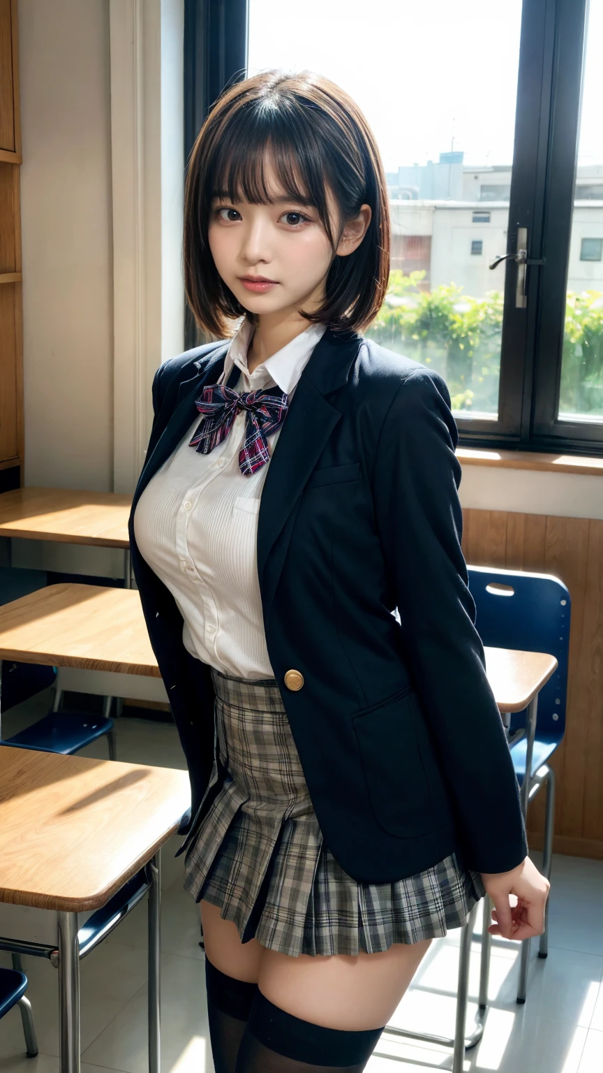 muste piece, best quality, illustration, Super detailed, fine details, High resolution, 8K,wall paper, perfect dynamic composition,(Details High quality, realistic depiction of eyes:1.3), from side, High School Classroom、High school girl uniform、blazer 、Super Short Check Uniform Skirt、Navy blue high socks、garterbelts、Colossal tits、Disturbed uniform, short bob hair, black hair color, large breasts, Big Natural Color Lip, bold sexy pose, (perfect body shape), crying a little、Harajuku style、20 year old girl、cute type, beautiful legs, hposing Gravure Idol, Voluptuous thighs