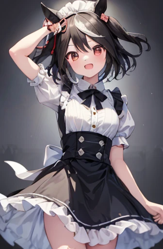 ((masterpiece,Highest quality)), Confused, North Three_black_umamusume, Animal ears, short hair, Striped Hair, hair ornaments, Medium chest, Horse tail, Wearing a maid outfit, alone, Laughing with your mouth open, Looking at the audience, Cowboy Shot,