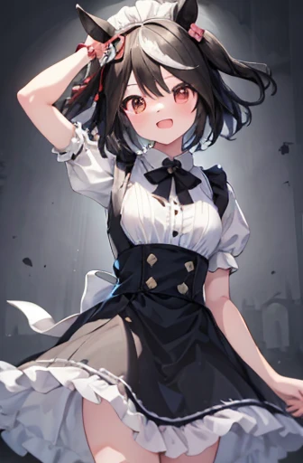 ((masterpiece,Highest quality)), Confused, North Three_black_umamusume, Animal ears, ,Horse tail, short hair, Striped Hair, hair ornaments, Medium chest, Horse tail, Wearing a maid outfit, alone, Laughing with your mouth open, Looking at the audience, Cowboy Shot,Skirt Lift,(panties),Butt