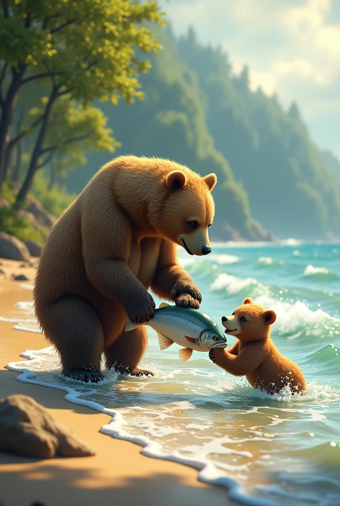 The bear cub and mother bear were fishing on the beach and caught a big fish.