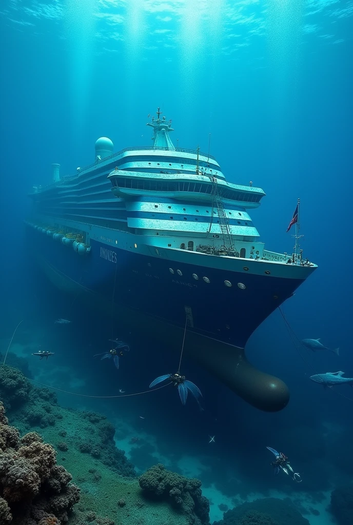 A Salvage operation to raise the MV Princess of Philippines at 100 meters with airbags at the bottom of the ship with a blue hull