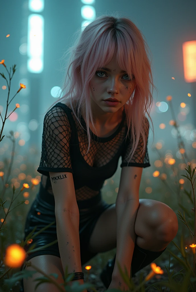 Lots of Fireflies,Looking up for escape,Searchlights above, fearful,Misty,hiding crouching,Illuminated glowing flowers,Illuminated flower garden,Lens flare,Closeup,webbed lattice outfit,tiny small arm label ‘MMXLIX ‘,Dirty face,See though black t-shirt ,Brown_nipples,,dirty see through t-shirt ,Haliee steinfeld,dark sky,Gothic style,misty,futuristic city views,Neo futurism,large futuristic buildings,Black Lattice walls,Closeup,heavy black eye makeup,young Caucasian girl,looks like joi from bladerunner,black eye makeup running down face,bokeh, looks like joi from blade runner,looks like ana de armas,stylish long pink hair with blonde highlights,ultra HD,intricate details,3d render,hyper maximalist, lens flare,High-definition, Premium, Superior, Professional, Flawless, Exquisite, High-end, Photorealistic, Textured, Impressive, Hyperrealistic, High- resolution, Lifelike, Masterpiece, High dynamic range (HDR), PBR (Physically Based Rendering), Post-processing effects, Dynamic composition, Ray tracing, Ultra detailed, High quality, Sharp focus, Translucency, Naturalistic, Organic textures, Highly detailed, Details, Full HD, Depth of field, Realistic lighting