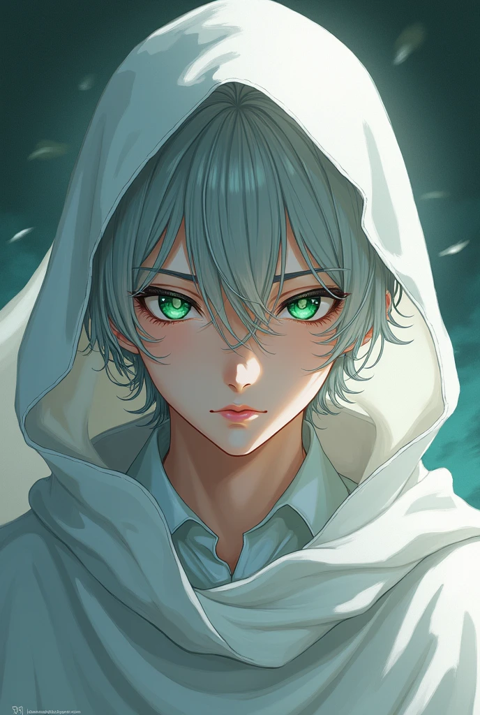 a young man with gray hair and green eyes, wearing a white cloak, anime style, detailed facial features, (best quality,4k,8k,highres,masterpiece:1.2),ultra-detailed,(realistic,photorealistic,photo-realistic:1.37),hyperrealistic,vibrant colors,dramatic lighting,intricate details,elegant,fantasy,digital painting