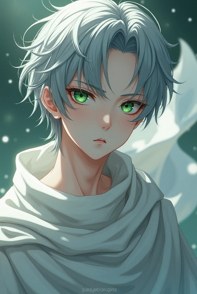 a young man with gray hair and green eyes, wearing a white cloak, anime style, detailed facial features, (best quality,4k,8k,highres,masterpiece:1.2),ultra-detailed,(realistic,photorealistic,photo-realistic:1.37),hyperrealistic,vibrant colors,dramatic lighting,intricate details,elegant,fantasy,digital painting