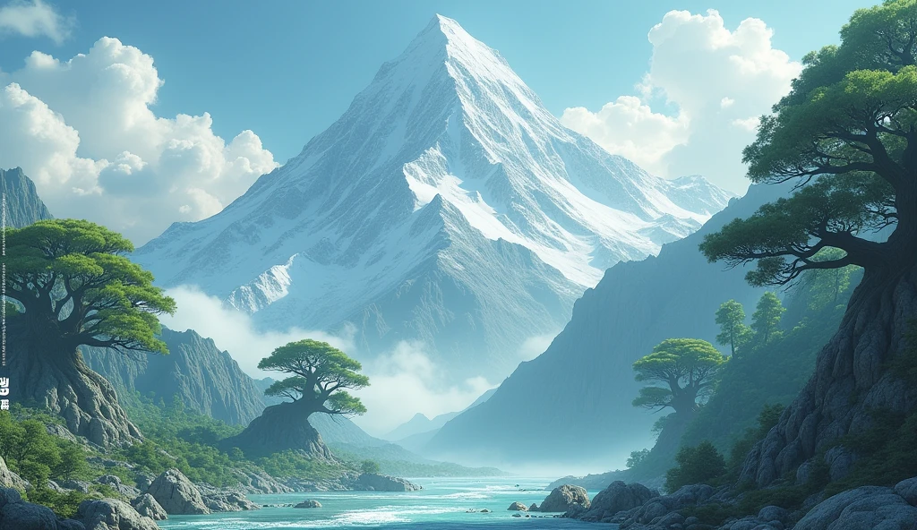 There is a high mountain,A white and smooth jade,There are many strange trees on the other side.(best quality,4K,8k,High level,masterpiece:1.2),Ultra Detailed,(lifelike,Photo real,Photo real:1.37)