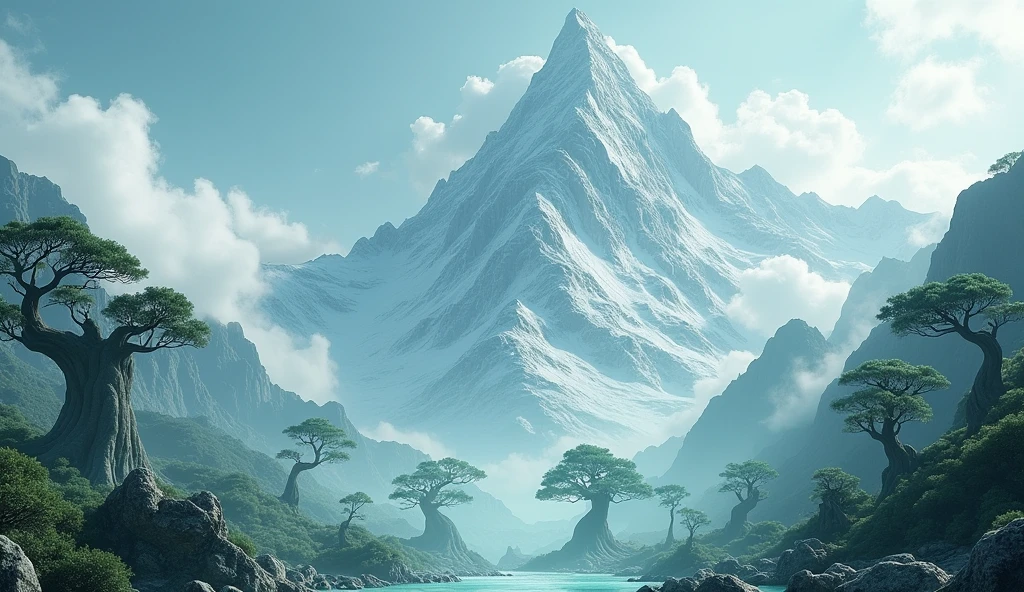 There is a high mountain,A white and smooth jade,There are many strange trees on the other side.(best quality,4K,8k,High level,masterpiece:1.2),Ultra Detailed,(lifelike,Photo real,Photo real:1.37)