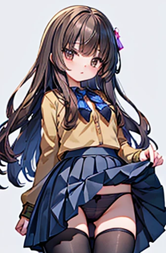 break(masterpiece:1.2)、Highest quality、High resolution、Unified 8k wallpaper、(Awareness-raising:0.8)、(Beautiful and fine details:1.6)、Highly detailed face、Perfect lighting、Highly detailed CG、(Perfect hands、Perfect Anatomy)、Tabletop, Highest quality, High resolution, hmkh1, Blue ribbontie, Blue ribbon, Brown Skirt, Brown jacket, Black Pantyhose, school uniform, Cowboy Shot, One Girl,、(Skirt Lift:1.3), (Black panties:1.3)、(Roll-up skirt:1.3)、(Full-fledged panties:1.5)、