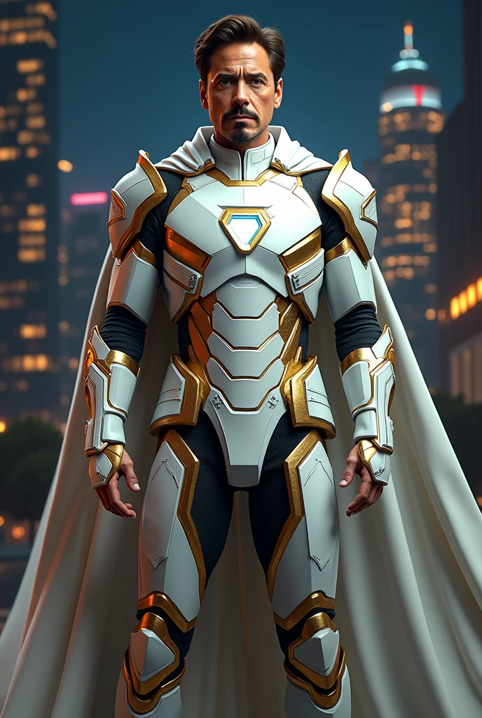 full body shot of Robert Downey Junior  in white and gold armour style suit, no mask on, white cape, looking at center camera, perfect composition, beautiful detailed intricate insanely detailed octane render trending on artstation, 8 k artistic photography, photorealistic concept art, soft natural volumetric cinematic perfect light, chiaroscuro, award - winning photograph, masterpiece, oil on canvas, raphael, caravaggio, greg rutkowski, beeple, beksinski, giger, trending on artstation, sharp focus, studio photo, intricate details, highly detailed, night city background, by greg rutkowski