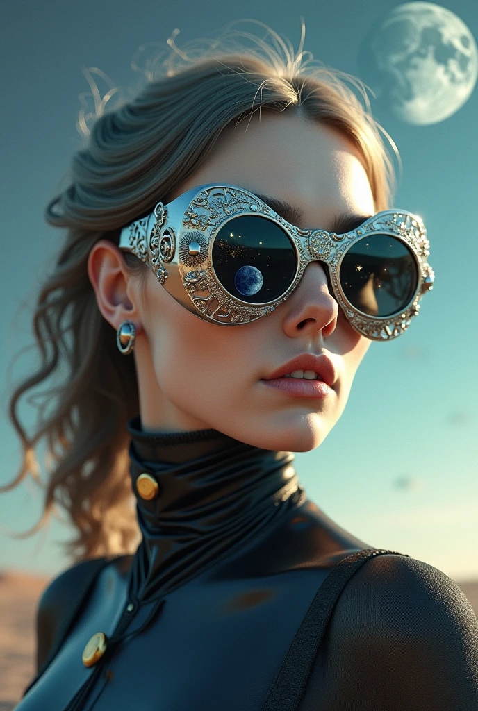 The model is wearing glass sunglasses with stars and the moon on the glass, massive breasts
