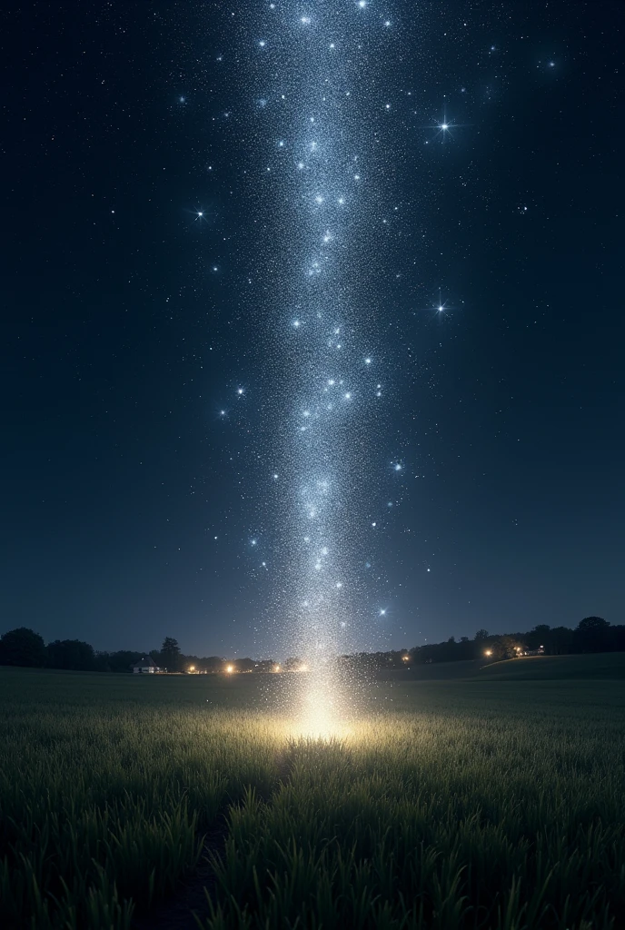 From the pitch black night sky、銀色に輝く無数のstarが降り注いでいます。star々It slowly rotates and falls towards the ground.、When it hits the ground, it lights up like a firework.。In the background is a vast grassland、The lights of a small village are faintly visible in the distance.。