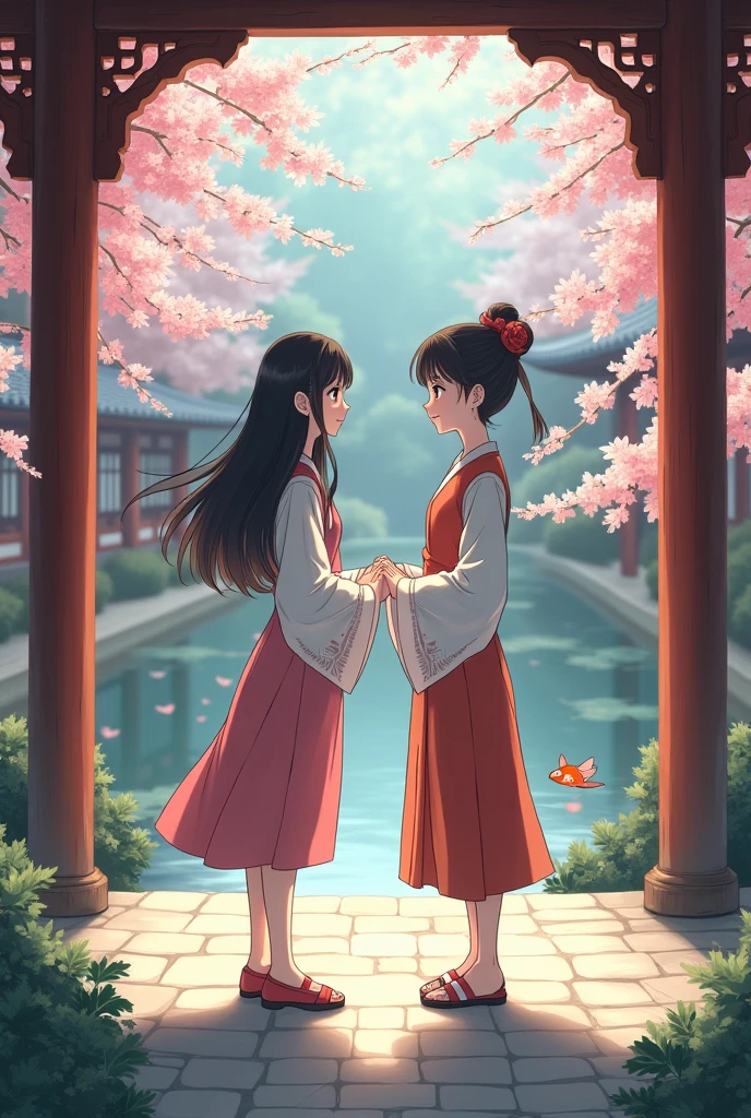 girl anime character meet adorer in a temple