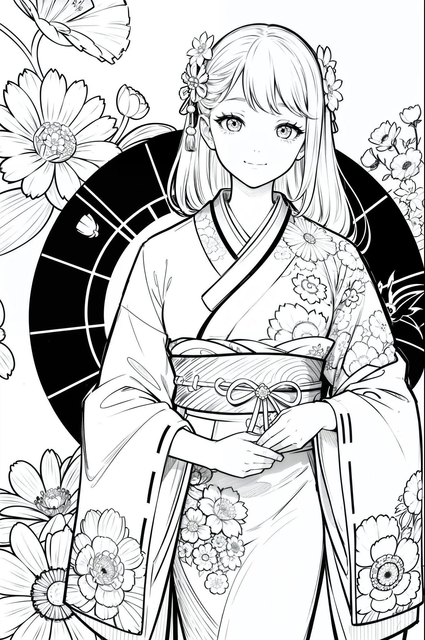 Masterpiece, top class, unique, cute, flowers, line drawing background, white background, monochrome, line drawing, ((sketch)), creepy, white eyes, create a monochrome coloring book that even adults can easily do, a realistic and cute ukiyo-e of a smiling girl wearing a kimono with Mt. Fuji in the background, holding an iPhone in one hand, conveying Japanese culture.
