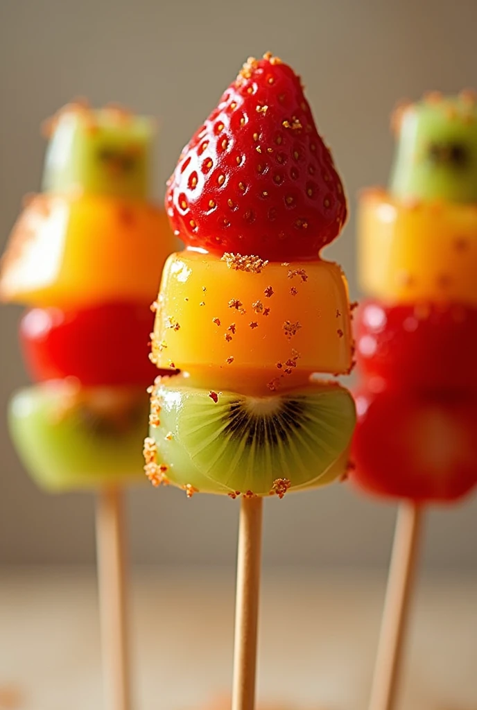 fruits like apple, strawberry, kiwi, mango, melon. Skewered on a stick and coated in a hard, caramelized sugar glaze. resulting in a crisp, crunchy shell. Spread with chili flakes. Emphasize the glossy texture.