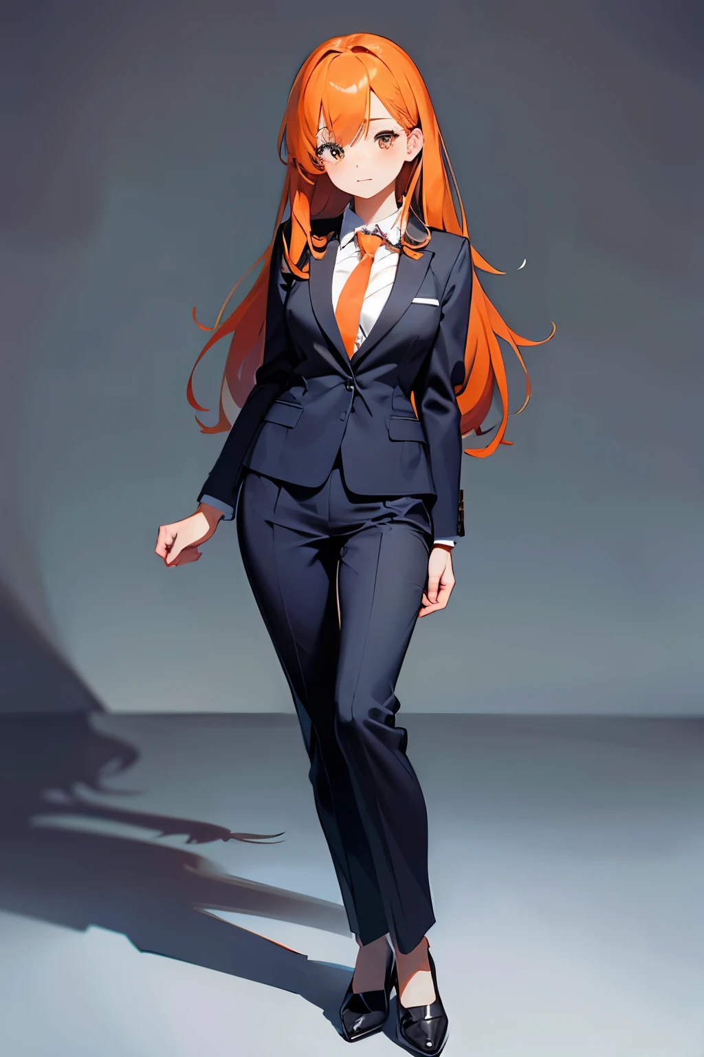 secretary, cute girl with orange hair , classic suit, full-length on a plain background