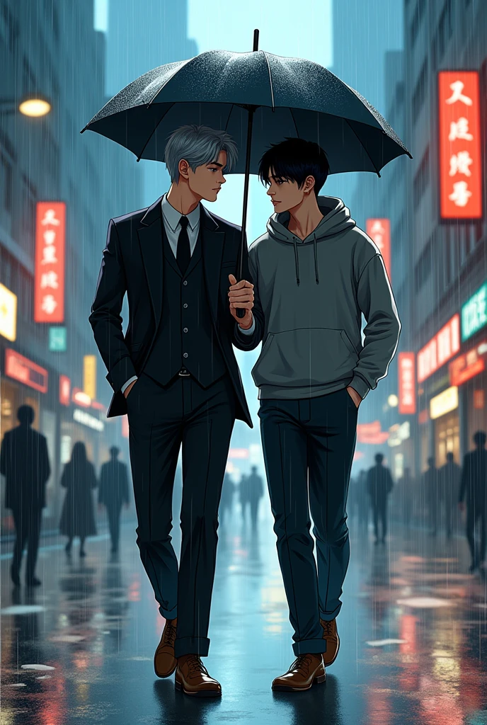 With the manhua drawing of Chinese comics. Draw a picture of a boy (White skin, High ráo, Handsome, grey bangs, wear a suit) walking with a guy under an umbrella (White skin, High, Handsome, wear hoodie, black hair) Rainy scene