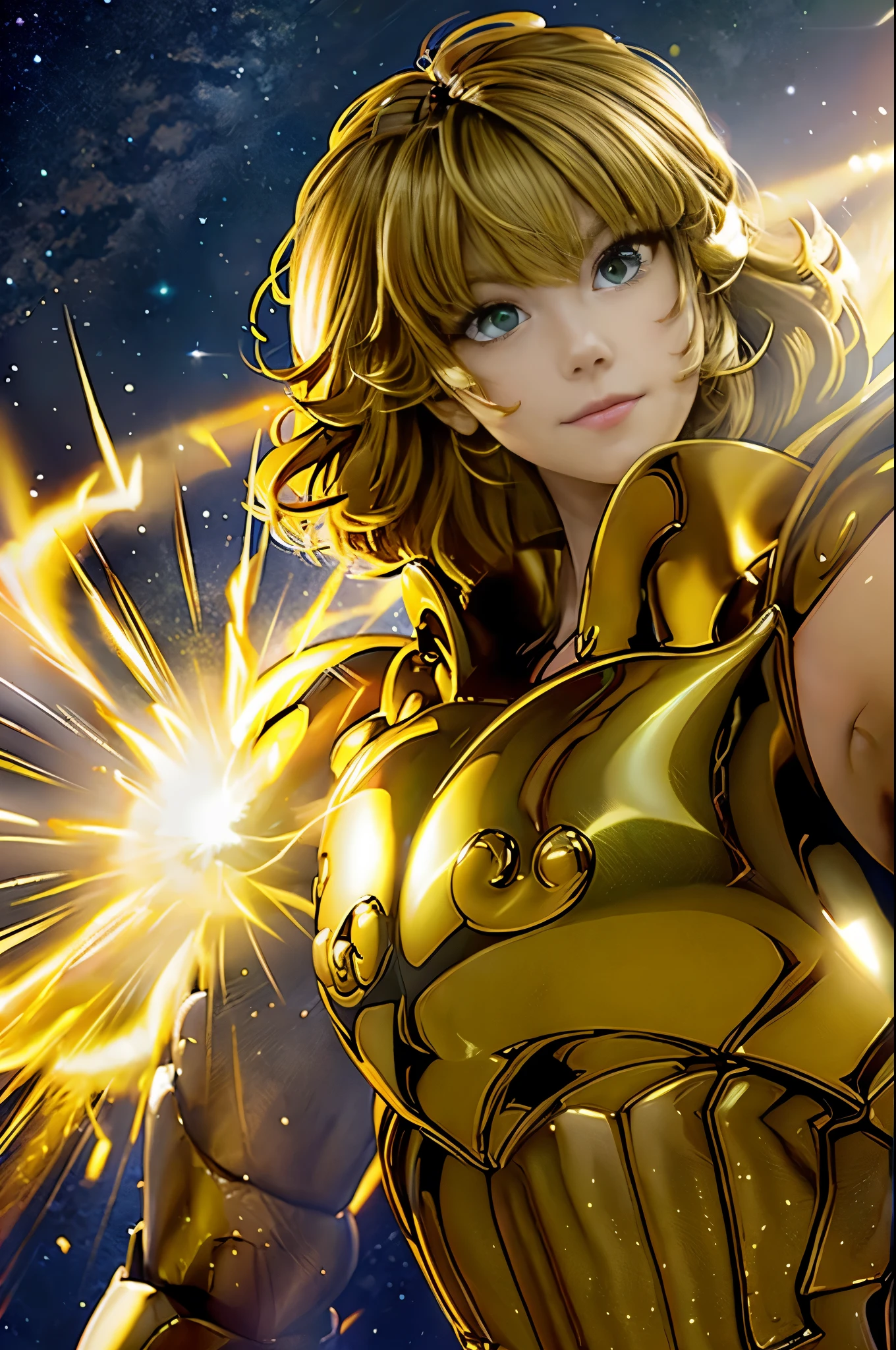 Highest quality, 8k, Super detailed, High resolution, Realistic skin texture, armor, (Realistically: 1.4), High resolution,Ultra HD、Ultra-clear、White and beautiful translucent skin、Beautiful and well-proportioned face、Cute smile、Saint Seiya of Libra、全身を黄金のarmorで覆う、黄金のarmorを纏った聖騎士、Golden Tiara、全身を派手な彫刻で覆う黄金のarmor、重厚感のある金色のarmor、Translucent beautiful green eyes、Blonde Short-Haired、Big Breasts、Outer space background、