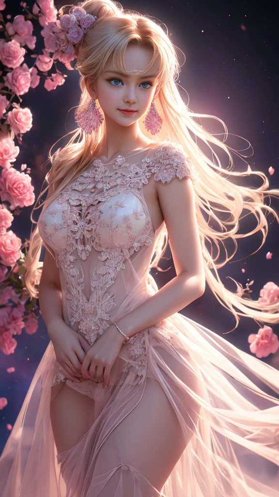 tmasterpiece,Highest image quality,super detailing,Best quality ,Extremely Delicately Beautiful, Very meticulous,Best quality, offcial art, extremely detaild的 CG unified 8k wallpapers, portrait photo of an, The most beautiful look,blond hair blue eyes,Radiant skin and radiant eyes, pretty skin,(Detailed lighting:1.2), (Beautiful and detailed light:1.3), deep understanding, beautiful nude color, iintricate, digitial painting, smooth private parts, Focus sharp, The end of the world, Epic reality, (HighDynamicRange:1.4),(pastel colour:1.4), Beautiful big breasts,The end of the world的, giving up, com cores neutras, natta, Screen space refraction, (Complicated details, ultra - detailed:1.3), art stations, Cinema lenses, vignet, the complex background, buliding,Enchanted smile,face flushed,the shy,detailed back ground,(Dream catcher earrings in various colorlack in color,in pink,purpleish color,red colour,blue colors,orange colors,green color,cyan colors,),sexy and sultry,(The kinky is exposed,Camel toes,Combed through the dark and thick hair,),Crystal Pink Diamond Venice Sunset Rose Dress,semi transparent,Ultrathin,Correct bodies,Hollow-out on,Lace,