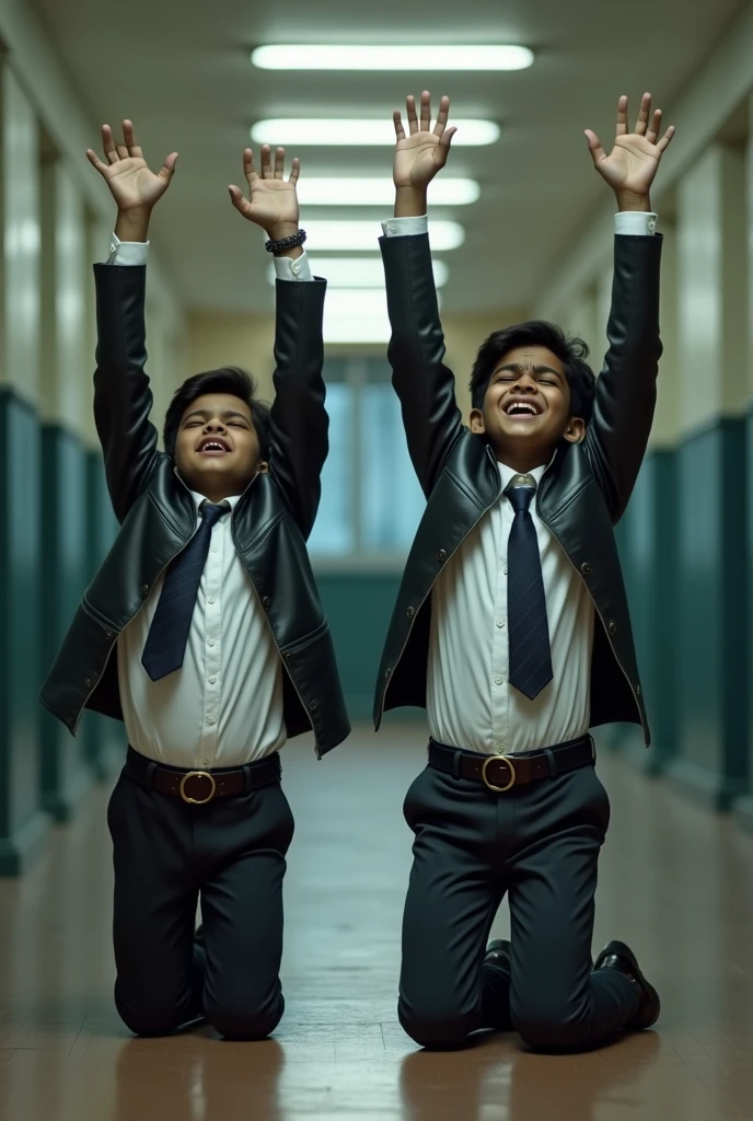 Side view of Two 1 indian boys wearing white shirt, school tie, slimfit trousers , leather jacket and fasionable circular shape buckle belt is kneeling in the corridor with their hands raised straight high up above their heads and boys arms are in pain
