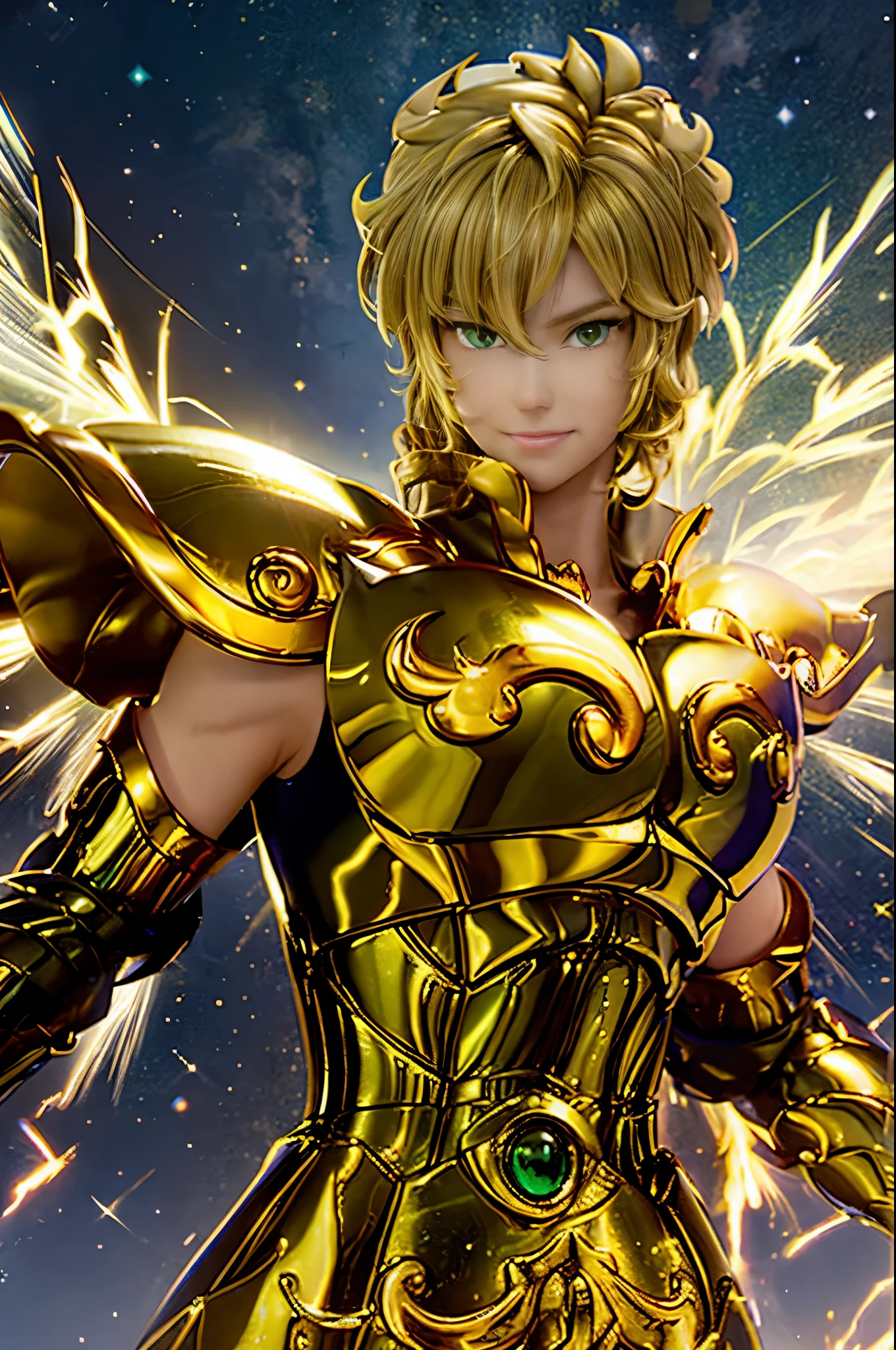 Highest quality, 8k, Super detailed, High resolution, Realistic skin texture, armor, (Realistically: 1.4), High resolution,Ultra HD、Ultra-clear、White and beautiful translucent skin、Beautiful and well-proportioned face、Cute smile、Saint Seiya of Libra、全身を黄金のarmorで覆う、黄金のarmorを纏った聖騎士、Golden Tiara、全身を派手な彫刻で覆う黄金のarmor、重厚感のある金色のarmor、Translucent beautiful green eyes、Blonde Short-Haired、Big Breasts、Outer space background、