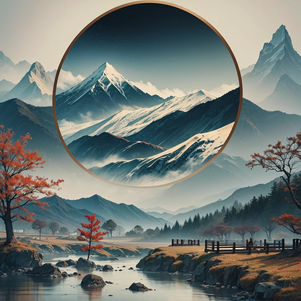 Chinese style, , ink painting the tree surrounded by ancient Chinese calligraphy forming an abstract pattern of mountains, rivers, autumn. foggy. High resolution, high quality, exquisite details, no text or letters. , in the style of high definition ink painting. --ar 3:4 --niji 6