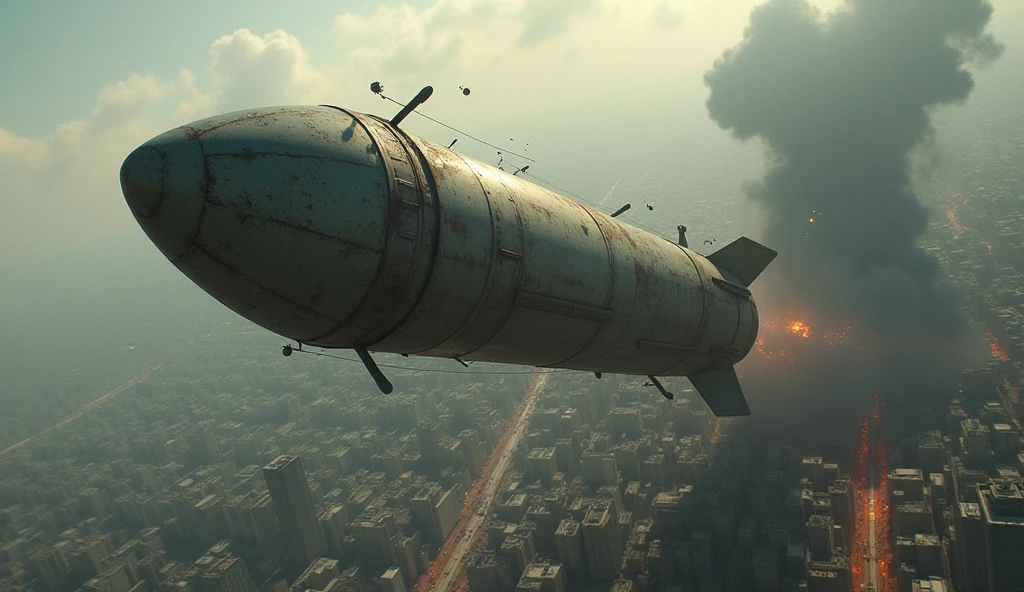Bomb falling from the sky, towards a city; perspective of the bomb falling from the sky(from top to bottom)