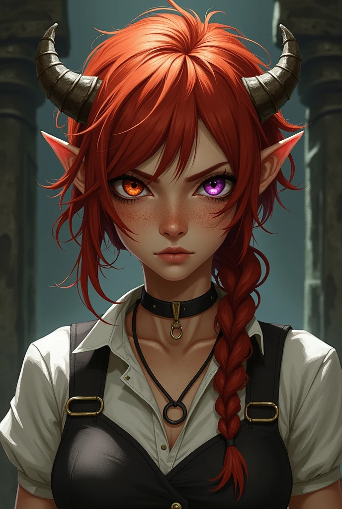 Femme. Apparence sauvage. Un peu sale, terre sur le visage. Cheveux roux. Yeux vairrons de couleur rouge et violet. Collier avec une bague autour du cou. Regard déterminé un peu en colère. Habillée en servante. 
Pas de décolleté.
Petites oreilles humaines cachées par les cheveux.
Univers donjons et dragons.