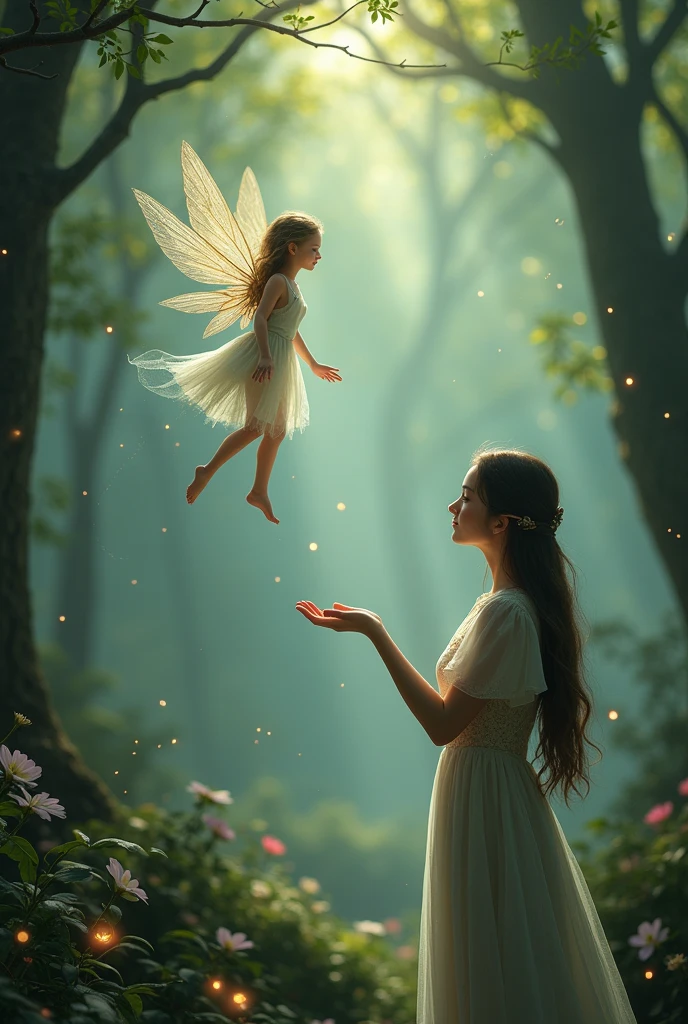 A little fairy is flying on the palm of an elven woman&#39;s hand