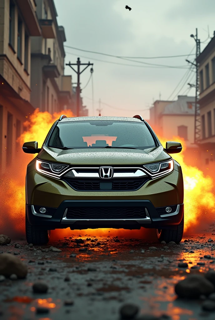 Honda crv 5th generation dark olive ,player unknown battlegrounds, shootout, gunfight, realistic,highly detailed,intricate background,cinematic lighting,dramatic shadows,optimum resolution,vibrant colors,photorealistic,3D render,masterpiece